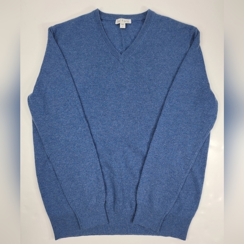 Belford Men's Blue V-Neck 100% Cashmere Pullover Sweater Size Small S Excellent